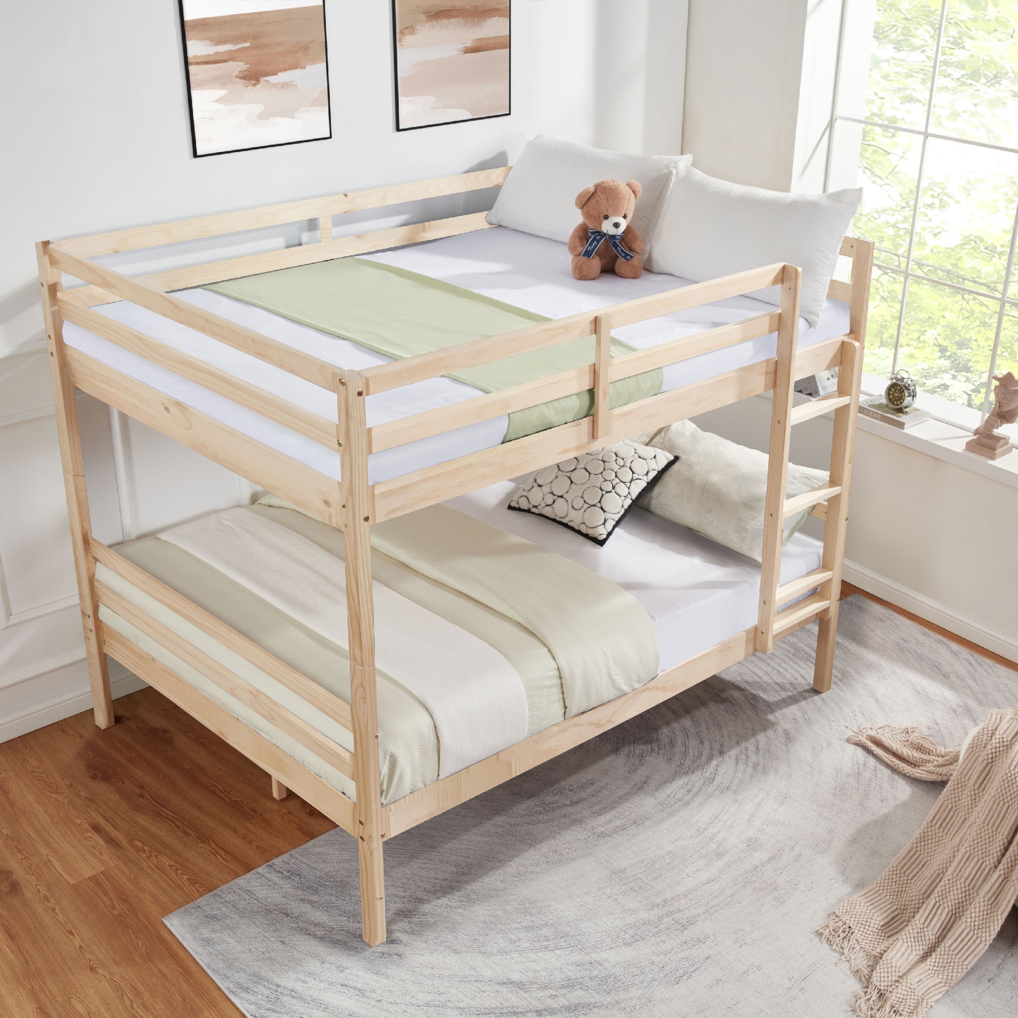 Full over Full Bunk Bed with Ladder,Wooden Bunk Bed with High Guardrail and Ladder for Kids, Teens, Dorm Rooms, and Guest Rooms,No Box Spring Needed,Natural Full over Full Bunk Bed with Ladder,Wooden Bunk Bed with High Guardrail and Ladder for Kids, Teens, Dorm Rooms, and Guest Rooms,No Box Spring Needed,Natural